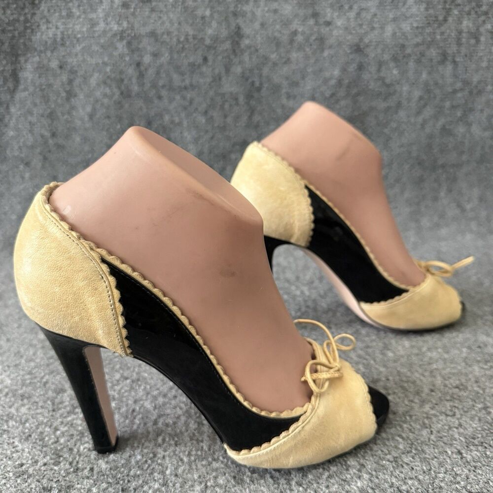 Red Valentino Peep Toe Pumps Patent Leather Black Beige Scalloped Bow Heels 37